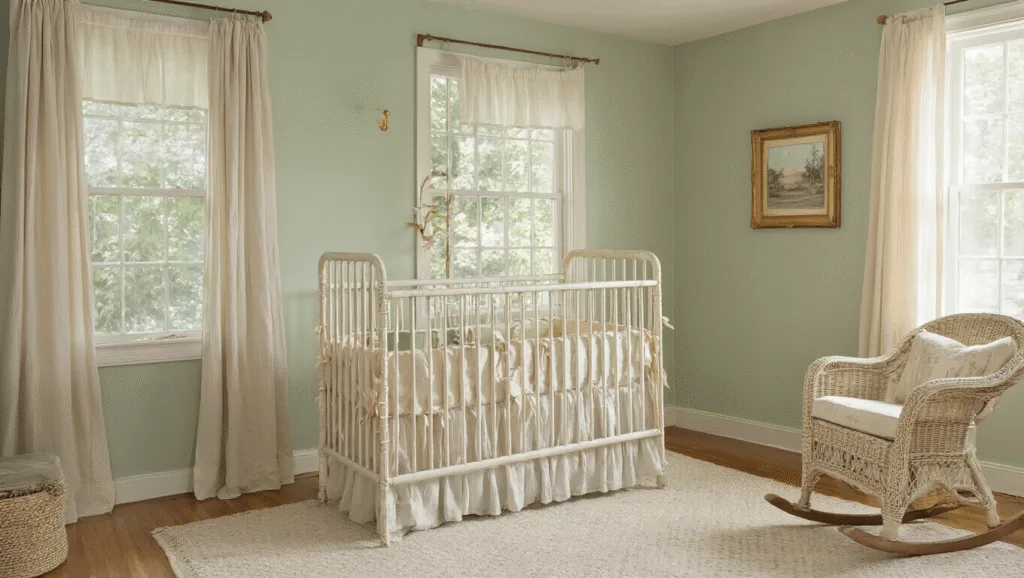 "Vintage nursery with sage-green walls, Jenny Lind crib, wicker chair, golden morning sunlight filtering through linen curtains, and antique decor creating a dreamy atmosphere"