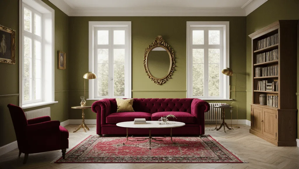 "Vintage living room with burgundy velvet Chesterfield sofa, Persian rug, olive walls, gilt mirrors, brass lamp, oak bookshelf, and sunlit warmth for a cozy ambiance"