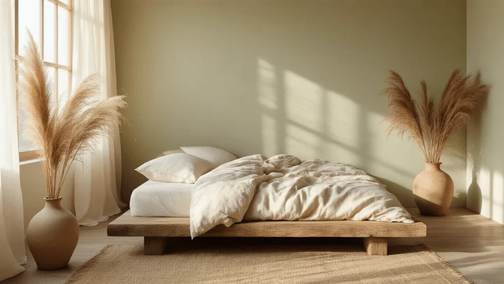 "Serenely lit bedroom at golden hour with low oak bed, cream linen, pampas grass in ceramic vase, textured walls, and soft sunlight across wooden floorboards."