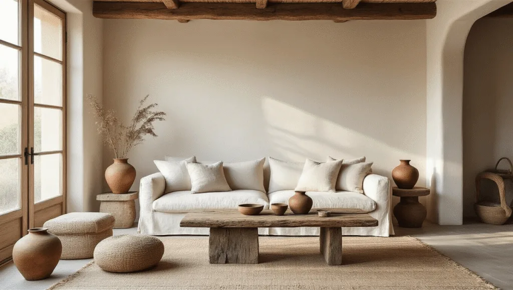 "Serene living room with natural light accentuating rustic wooden furniture, linen sofa, handmade ceramics and copper accents in muted earth tones"