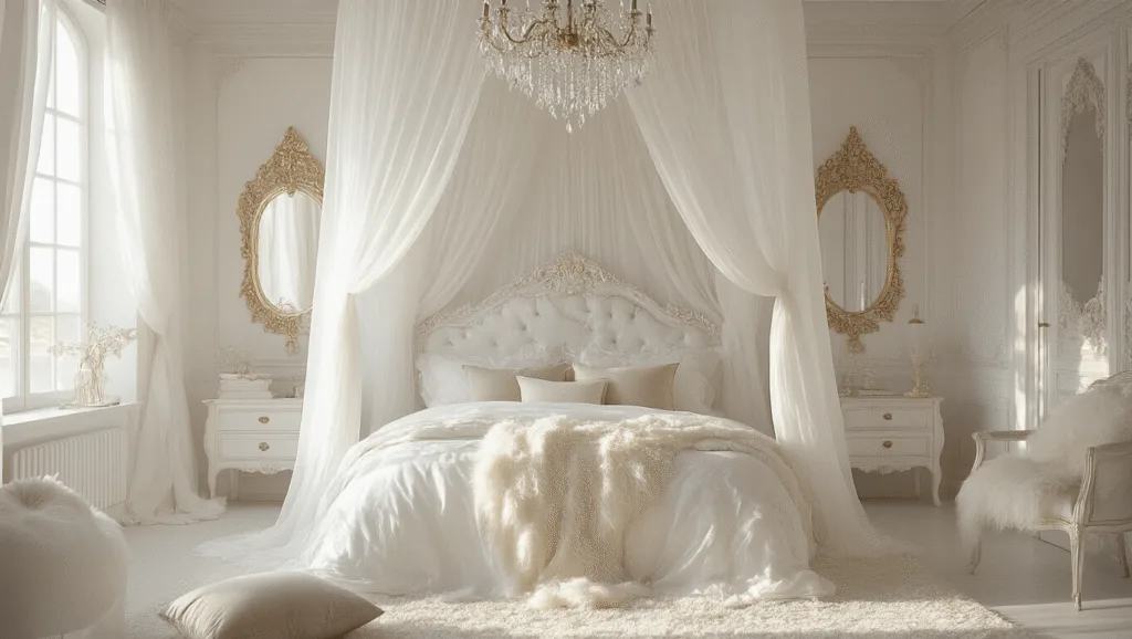 "Luxurious white bedroom with a canopy bed, crystal chandelier, silk bedding, velvet pillows, and faux fur throws in soft morning light"