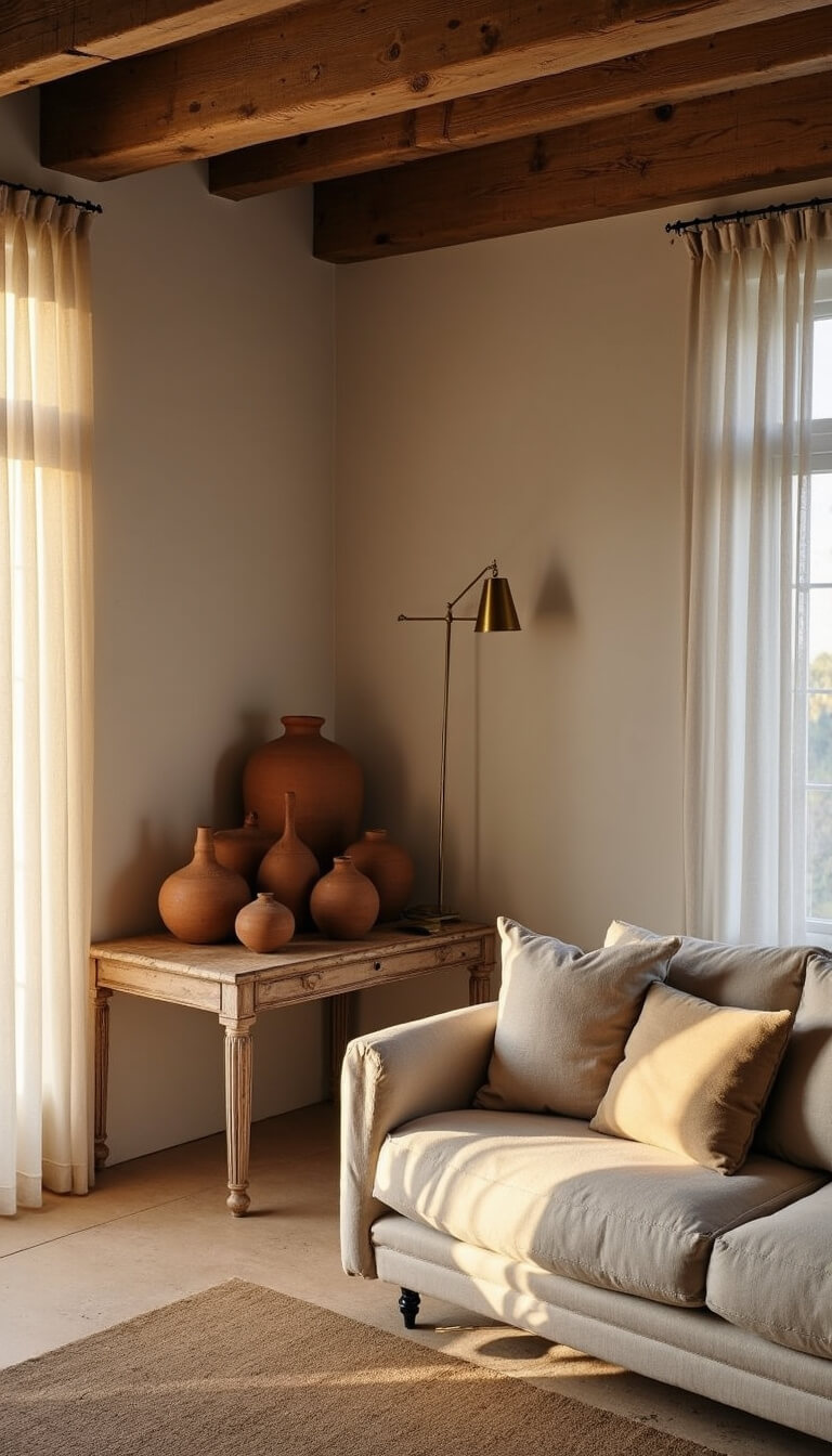 Golden hour living room with natural materials, low oatmeal linen sofa, pottery on distressed wood console, sunlight through sheer curtains, weathered oak beams, and muted earth tones.