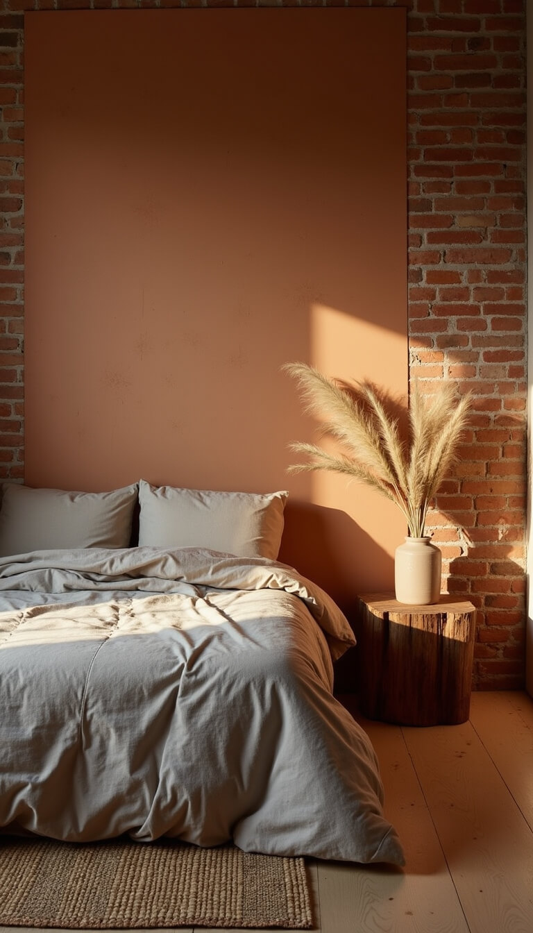 Cozy 12x14ft bedroom at dawn with soft morning light, exposed brick wall, aged wood floor, unmade taupe linen bed, bamboo mat, and minimal rustic decor.