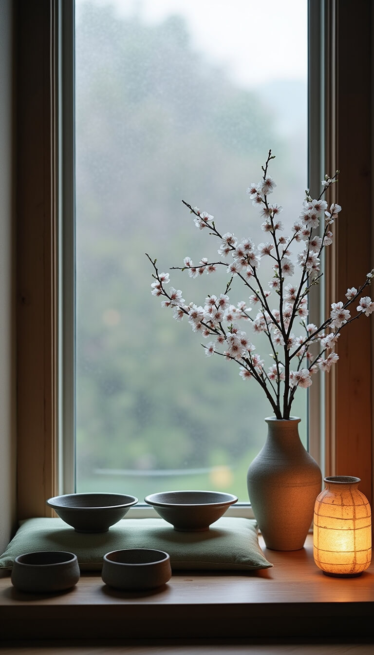 Peaceful 10x12ft meditation corner at blue hour with asymmetrical window, sage green zabuton, low wooden platform holding hand-thrown ceramic bowls, cherry blossom branch in weathered vase, and soft paper lantern lighting.