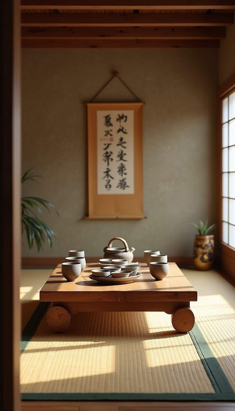 Floor-level view of a cozy 8x10ft tea room with worn tatami mats, a knotty wooden tea table, and kintsugi-repaired ceramic cups, bathed in soft midday light with earth-tone textures.