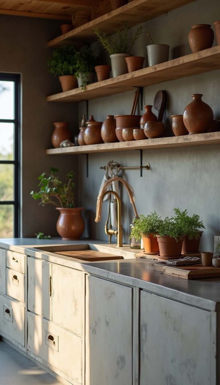 Modern 15x18ft kitchen in early morning light featuring concrete countertops, open shelving with handmade pottery and wooden utensils, copper pots with patina, and fresh herbs in clay pots.