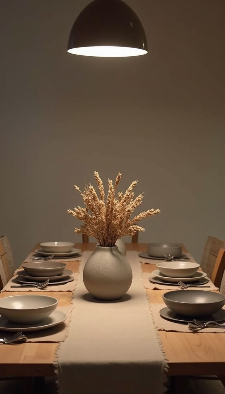 Minimalist 14x16ft dining room at dusk with hand-planed wooden table, ceramic plates in earthy tones, frayed linen runner, and dried wildflowers in a stone vase under soft ambient lighting.