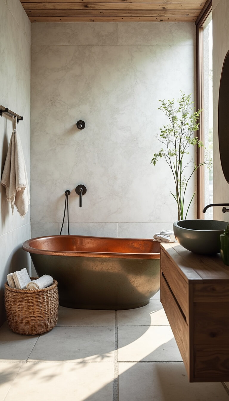 High-angle view of a serene 12x14ft bathroom with morning light filtering through frosted glass, featuring limestone tiles, a patinated copper tub, reclaimed wood vanity with ceramic sink, and a handwoven basket of linens.