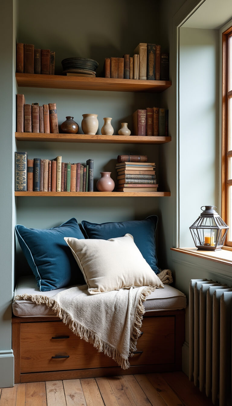 Cozy 10x12ft reading nook with built-in window seat, faded blue velvet cushions, vintage wool throw, reclaimed wood shelves with handmade pottery bookends, and soft afternoon light from a paper lantern.