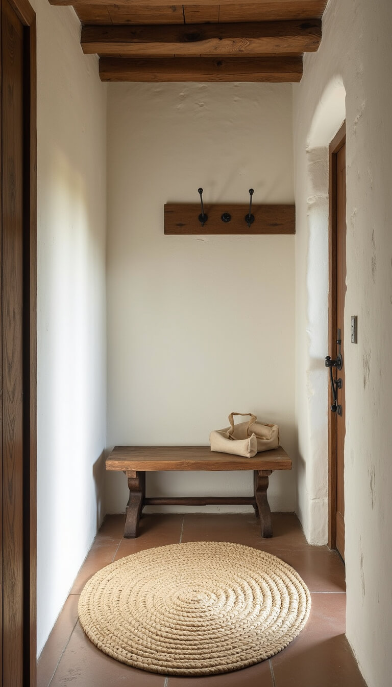 Low-angle view of a 14x16ft entryway with lime-washed textured walls, antique wooden bench, aged iron hooks, and a faded woven grass mat bathed in warm morning light.