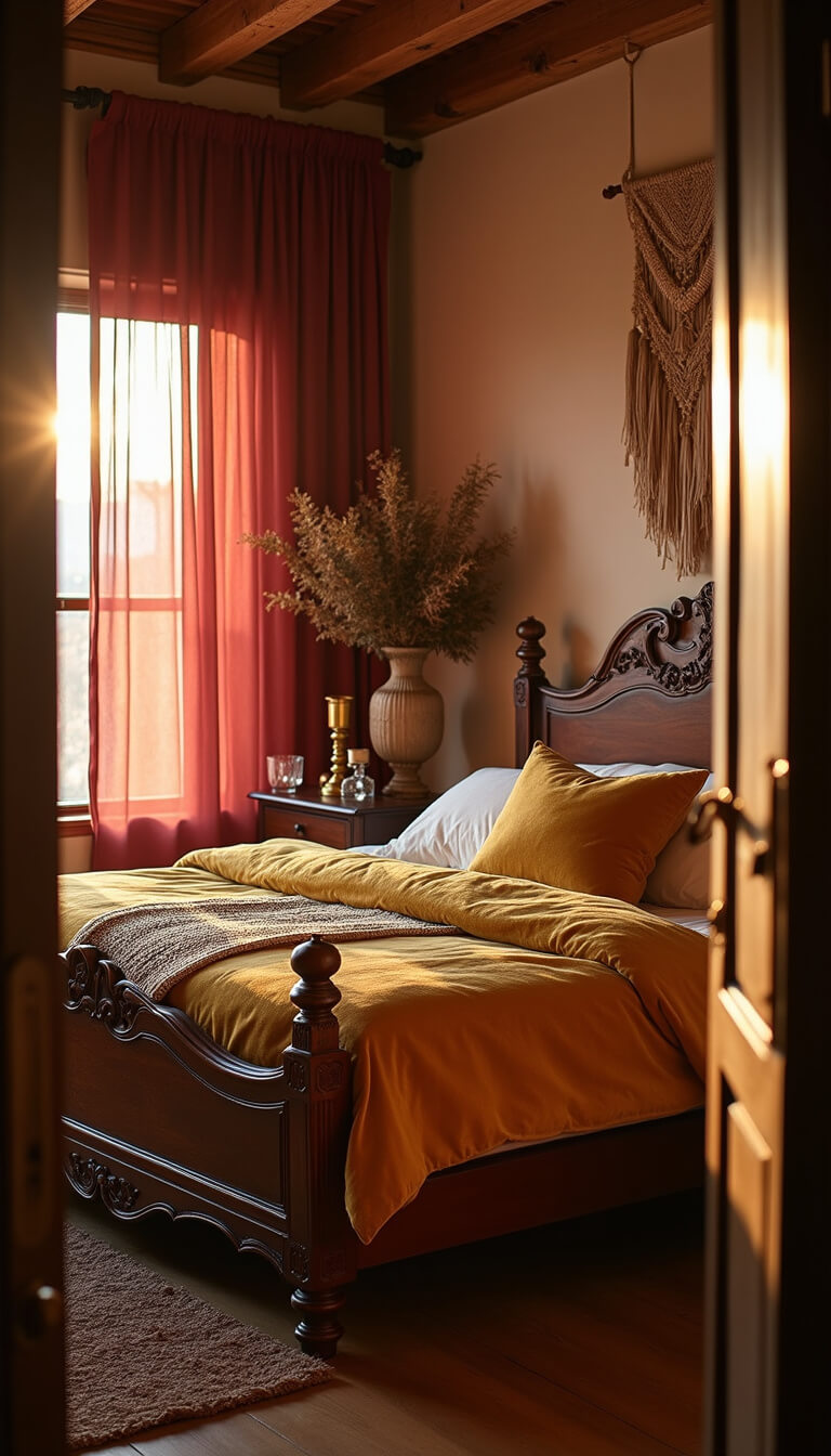 Warmly lit 14x16ft bedroom at golden hour with carved wooden queen bed in mustard velvet and cream linen, burgundy sheer curtains, vintage brass candle holders, crystals on dark wood nightstand, dried herbs on beams, and macramé wall hanging above headboard.
