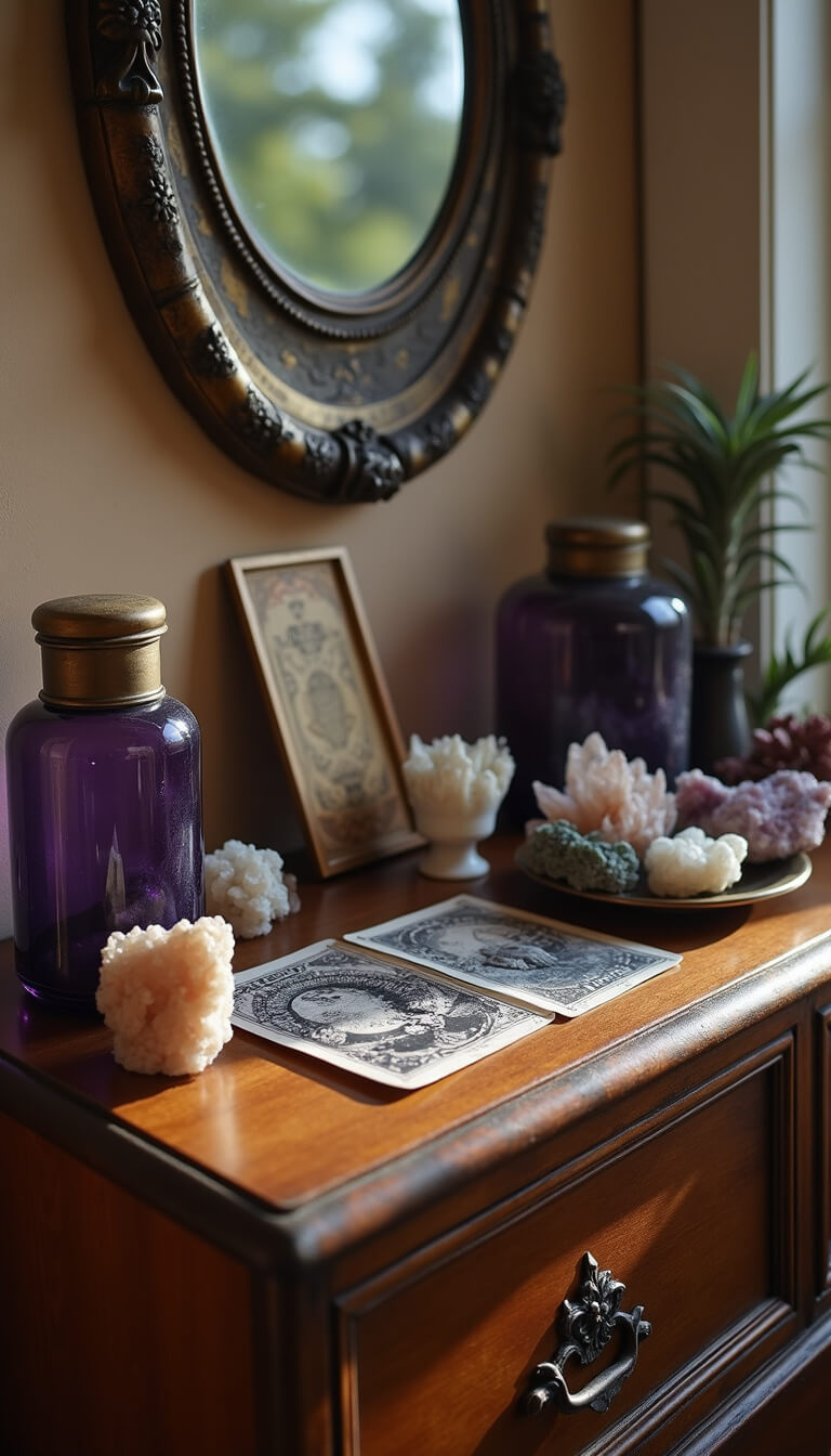 Antique oak dresser with crystal clusters, tarot cards, and purple apothecary jars beneath a moon phase mirror in soft dawn light.