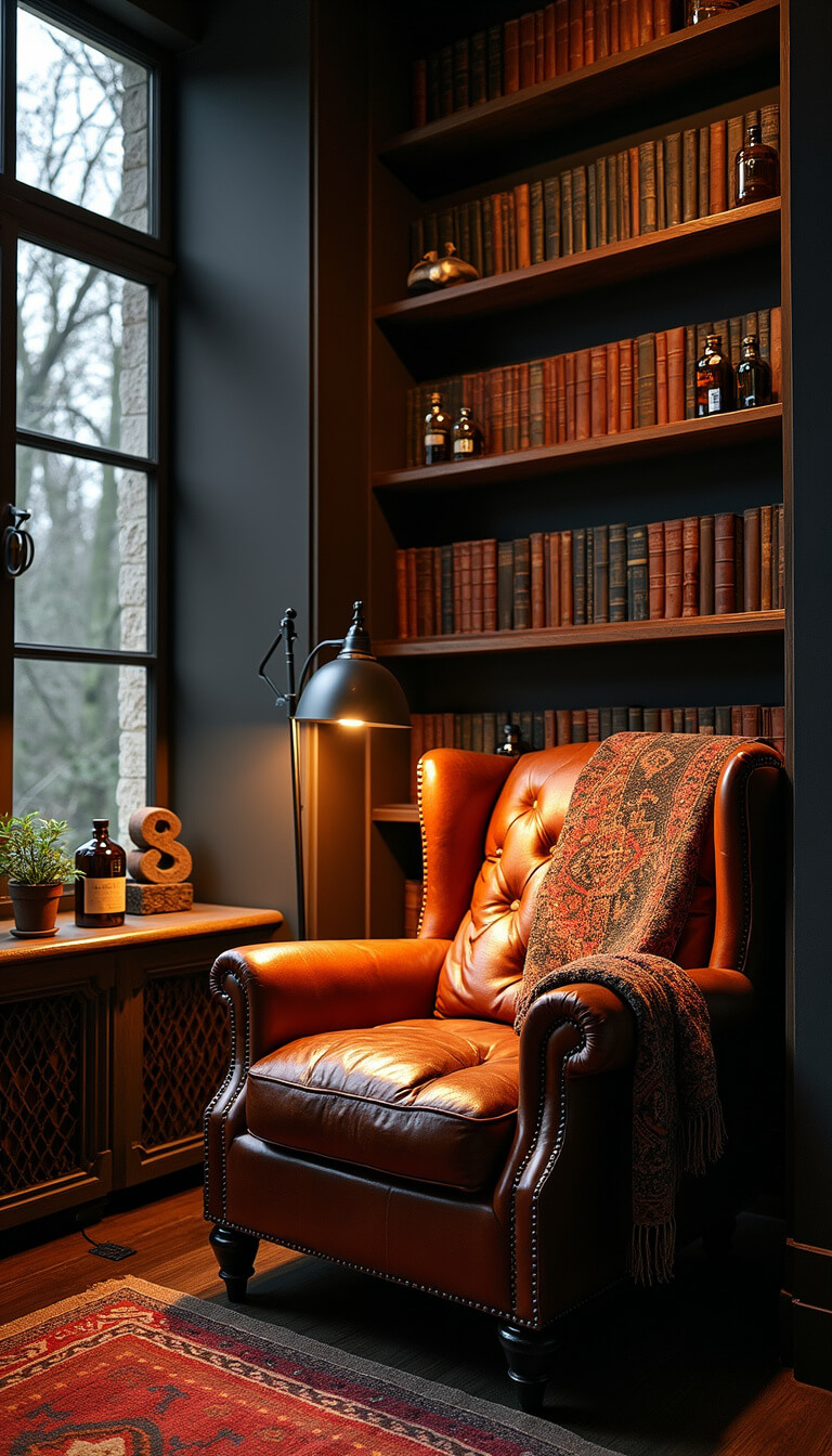 Moody dusk-lit reading nook with vintage armchair, tribal blankets, tall bookshelf of mystical books and potions, and dramatic floor lamp shadows.