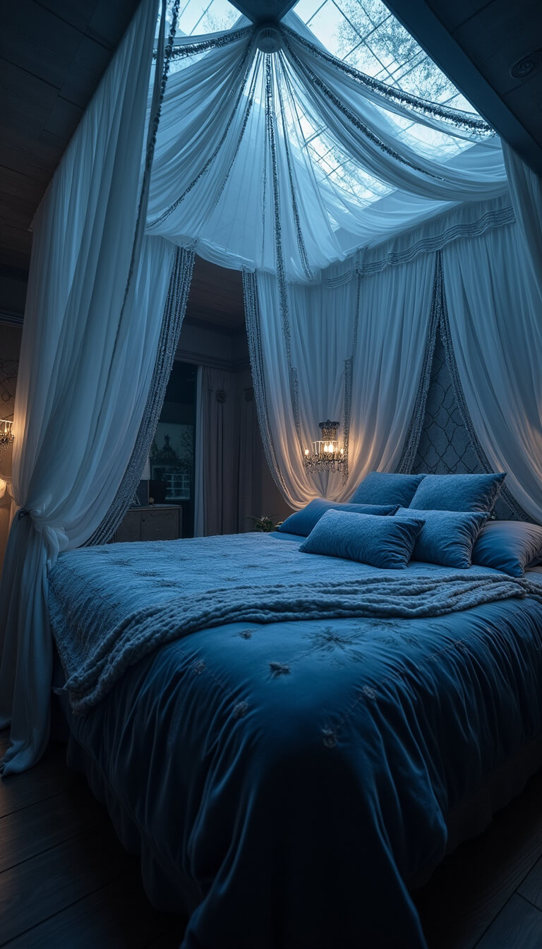 Evening bedroom with vaulted ceiling, viewed from bed-level; four-poster bed draped in sheer canopy, deep blue velvet bedding, silver throws, and moonlight illuminating crystal grids on the walls.