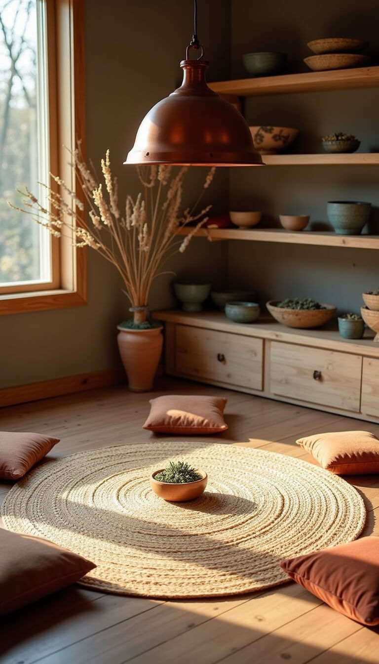 Top-down view of a cozy meditation space with a round jute rug under a copper lamp, surrounded by earth-toned floor cushions, with shelves holding ceramic bowls of dried flowers and sage bundles in warm afternoon light.