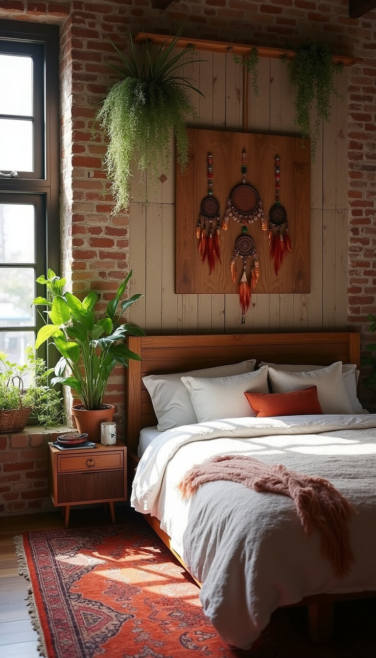 Wide shot of a 14x16ft bedroom with morning light pouring through east-facing windows, showcasing a large reclaimed wood headboard against an exposed brick wall, decorated with hanging plants and copper dream catchers, and layered vintage rugs in rust and burgundy tones on the floor.