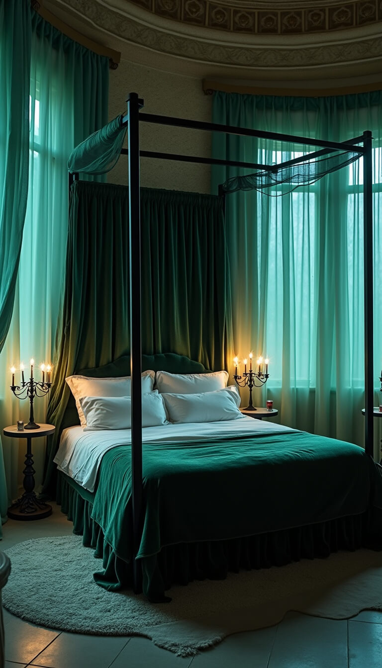 Twilight-lit bedroom with black canopy bed in emerald velvet and white linens, surrounded by crystal points and black candelabras, viewed through sheer curtains.