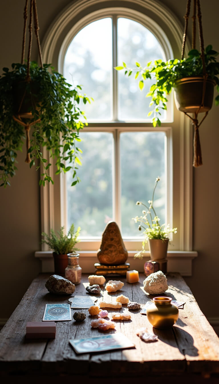 Close-up of ritual objects on a distressed wooden altar table beneath arched window in sunlit bedroom, with crystals, tarot decks, brass incense holders, and macramé plant hangers.