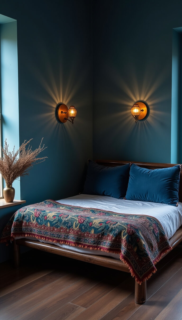 Cozy pre-dawn bedroom with low platform bed, Moroccan wedding blanket, blue velvet pillows, brass sconces, crystal grids, and dried herbs.