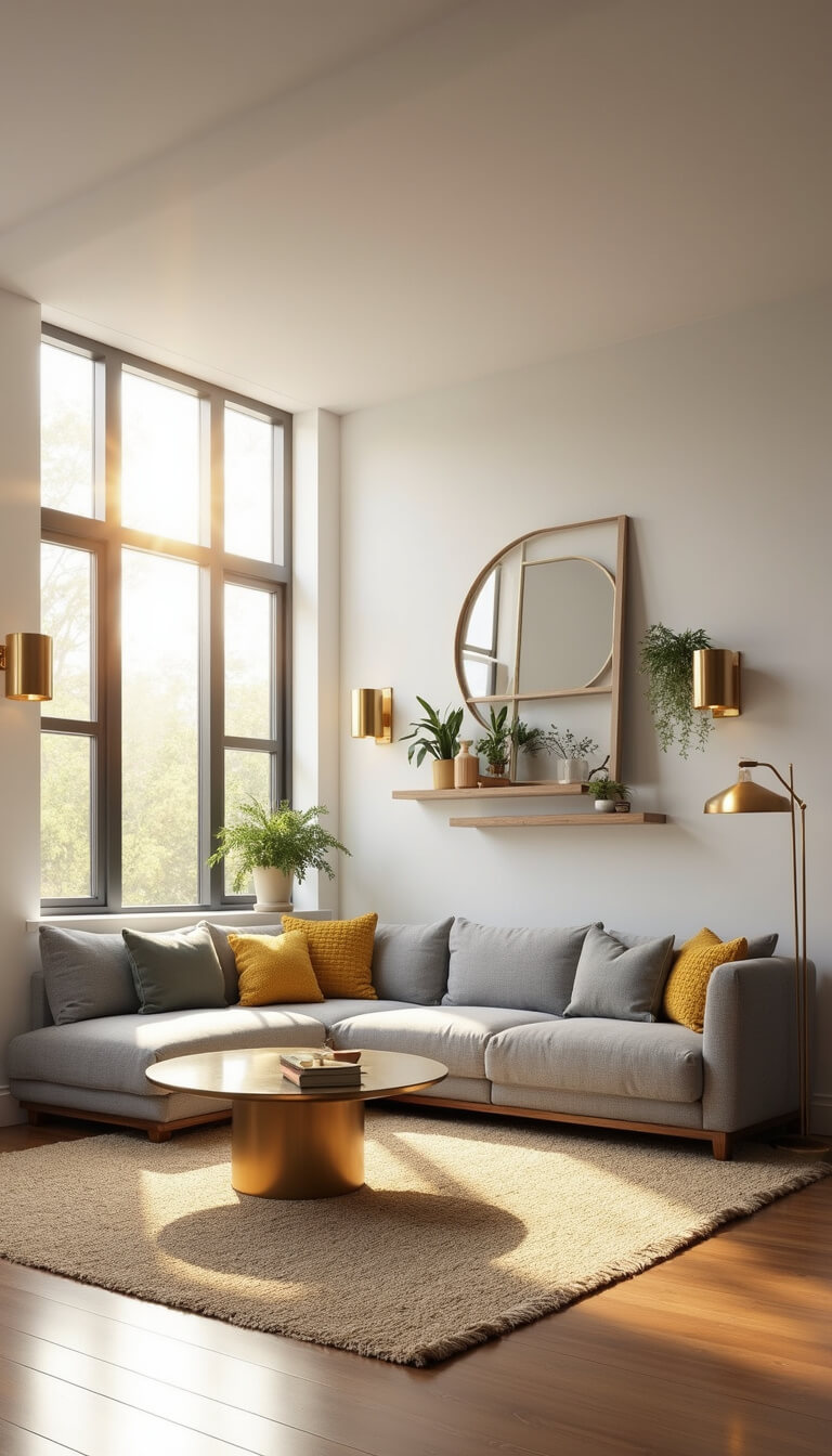 Bright 12x14ft living room during golden hour with gray L-shaped sectional, brass-and-glass coffee table on cream jute rug, sunlit through floor-to-ceiling windows, wall-mounted oak shelves, and layered lighting.