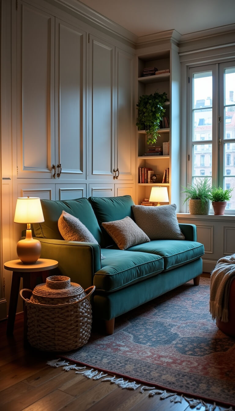 Low-angle view of a cozy 10x12ft studio at dusk with cool blue and warm lighting, featuring a sage green velvet loveseat, multifunctional ottoman, floor-to-ceiling white built-ins with brass hardware, and textural decor like a vintage Persian rug and woven baskets.