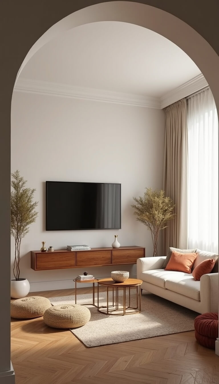 Wide-angle view of cozy 11x13ft living room with cream bouclé sofa, walnut floating media unit, herringbone floors, rattan poufs, brass nesting tables, and terracotta-accented warm neutrals under natural morning light.