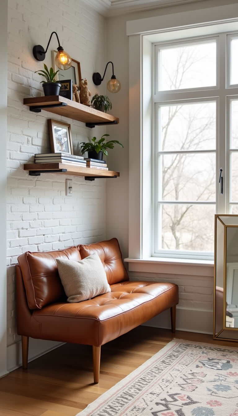 Cozy 9x11ft living space with tufted leather bench, floating shelves, brass floor mirror, and layered neutral rugs against white brick wall.