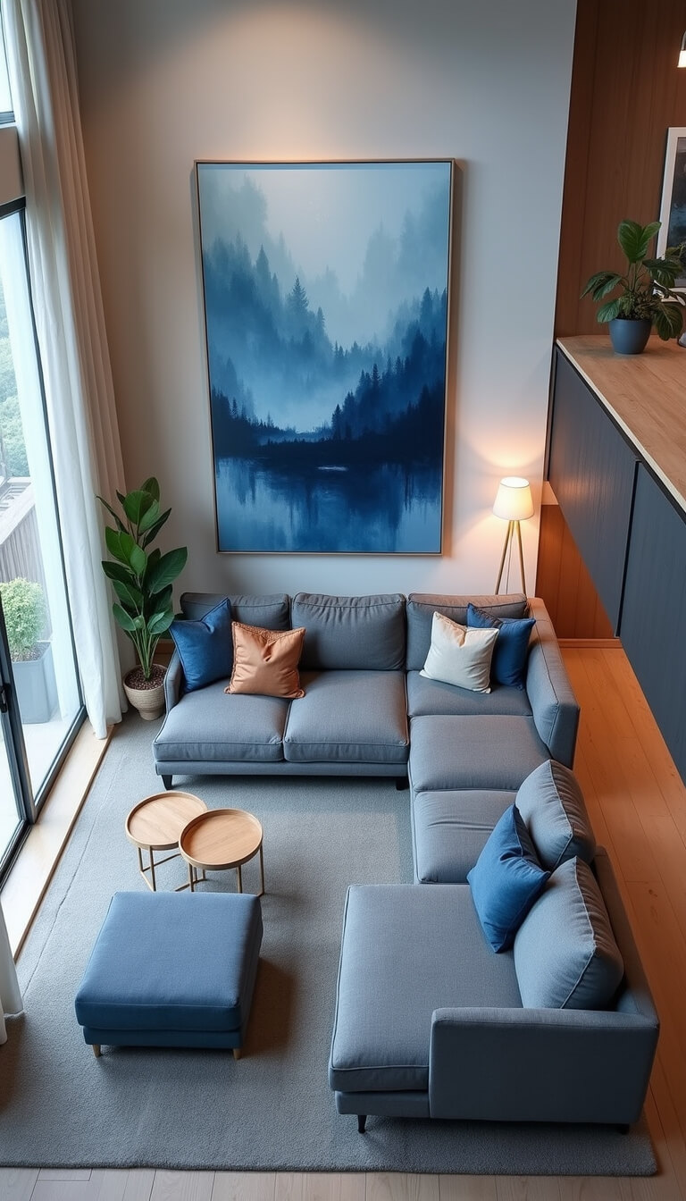 Elevated view of 13x15ft open-concept living area at blue hour with modular gray sectional, oversized blue-and-white artwork, smart furniture, and cool-toned decor with copper accents.
