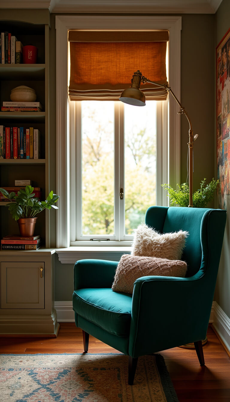 Close-up of cozy reading nook with emerald velvet chair, built-in bookshelf, brass floor lamp, and sunset light highlighting rich textures and jewel tones.