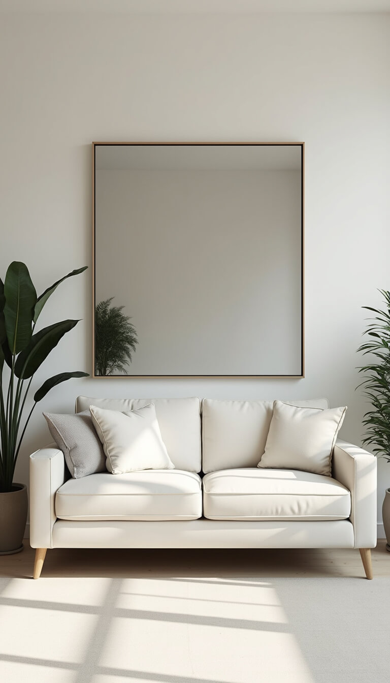 Minimalist 12x14ft living space with ivory sofa, fold-out console table, large wall mirror, potted plants, and monochrome decor in whites, creams, and black accents.