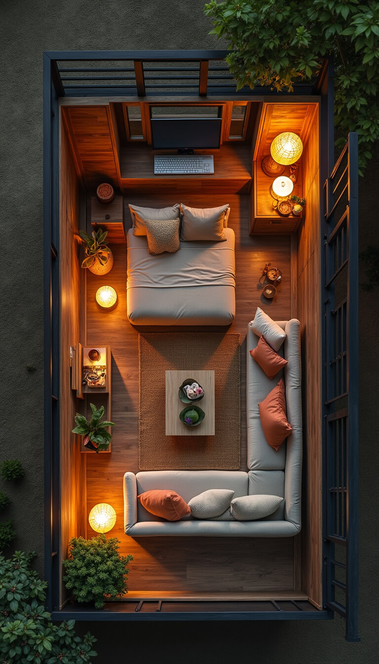 Bird's eye view of 11x13ft multifunctional living room at dusk with modular sofa bed, foldaway wall desk, integrated hidden storage, warm paper lantern lighting, and earth tone decor with olive and rust accents.