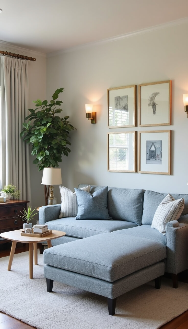 Corner view of compact living room with sectional, gallery wall, floating credenza, and layered lighting in coastal tones.