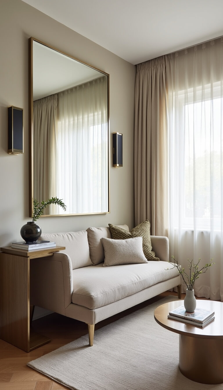 Dynamic 13x15ft living space with custom banquette, slim console workspace, oversized mirror, and mixed metal accents enhancing natural light and flow.