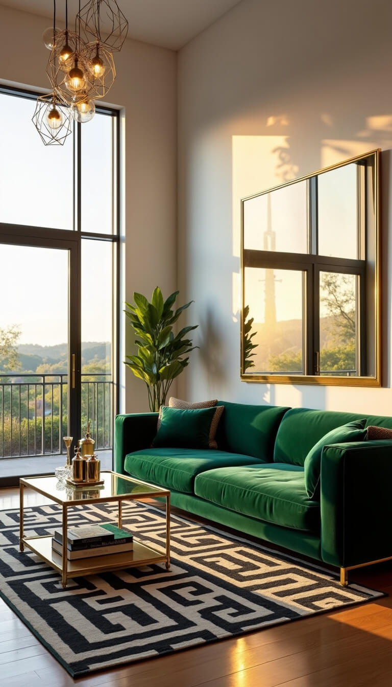 Spacious living room at golden hour with emerald green velvet sofa, gold-framed mirror, chrome bar cart, geometric rug, and sunlight streaming through tall windows.