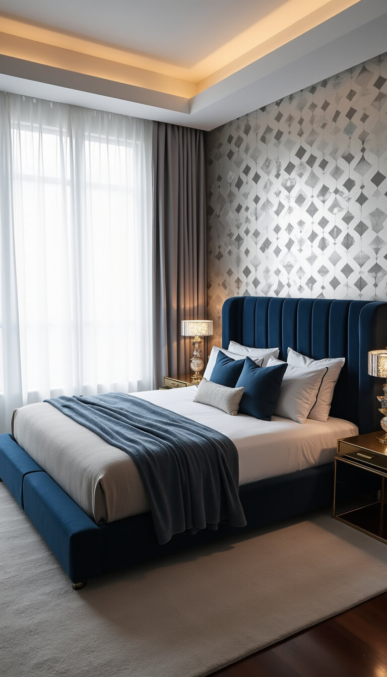 High-angle view of a cozy 12x14ft master bedroom at dawn with diffused light through sheer curtains, featuring a midnight blue velvet platform bed, brass nightstands with crystal lamps, and a metallic silver geometric accent wall.