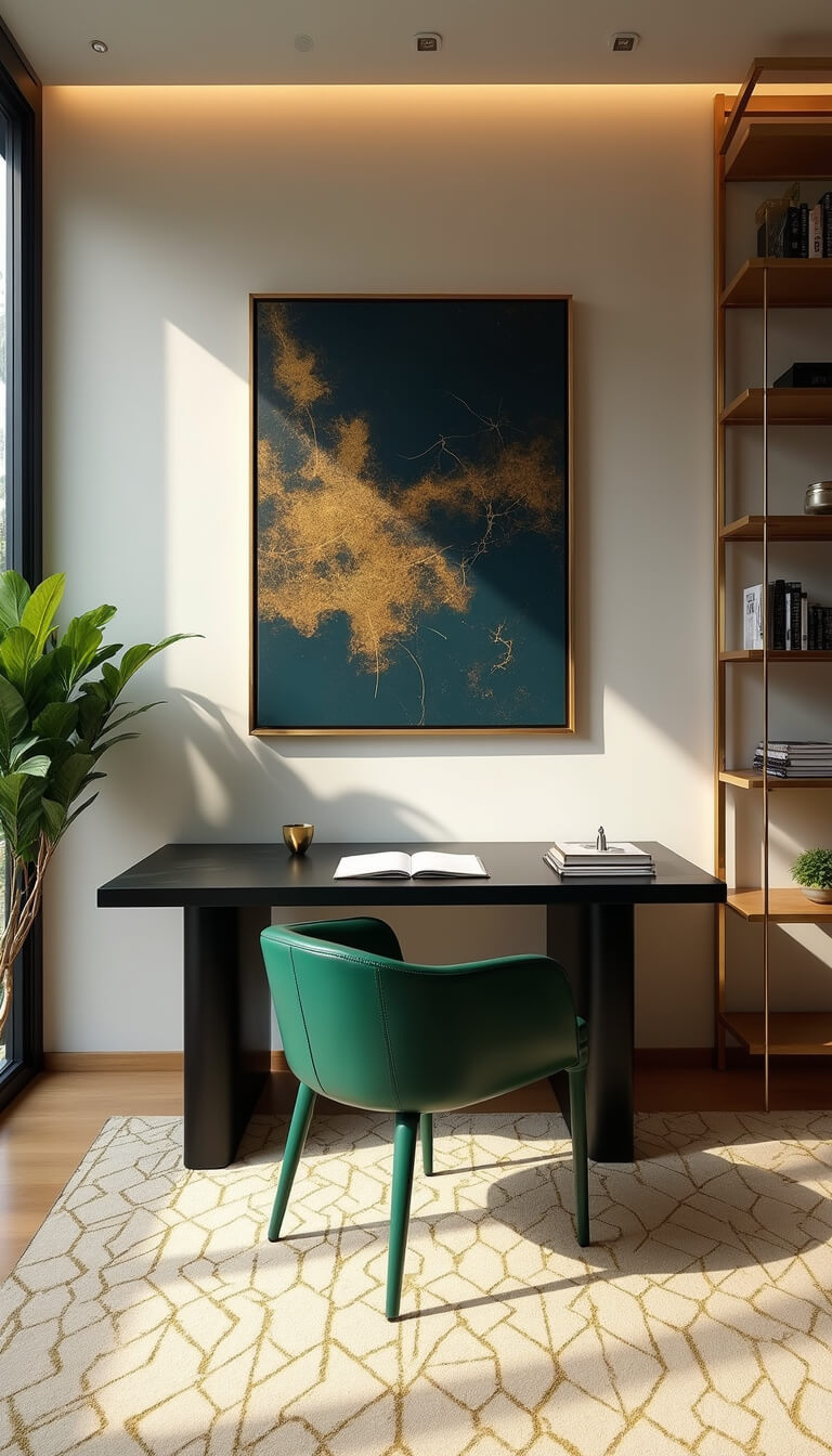 Modern home office with black waterfall desk, emerald green leather chair, brass shelving, and abstract gold and navy artwork under morning light.