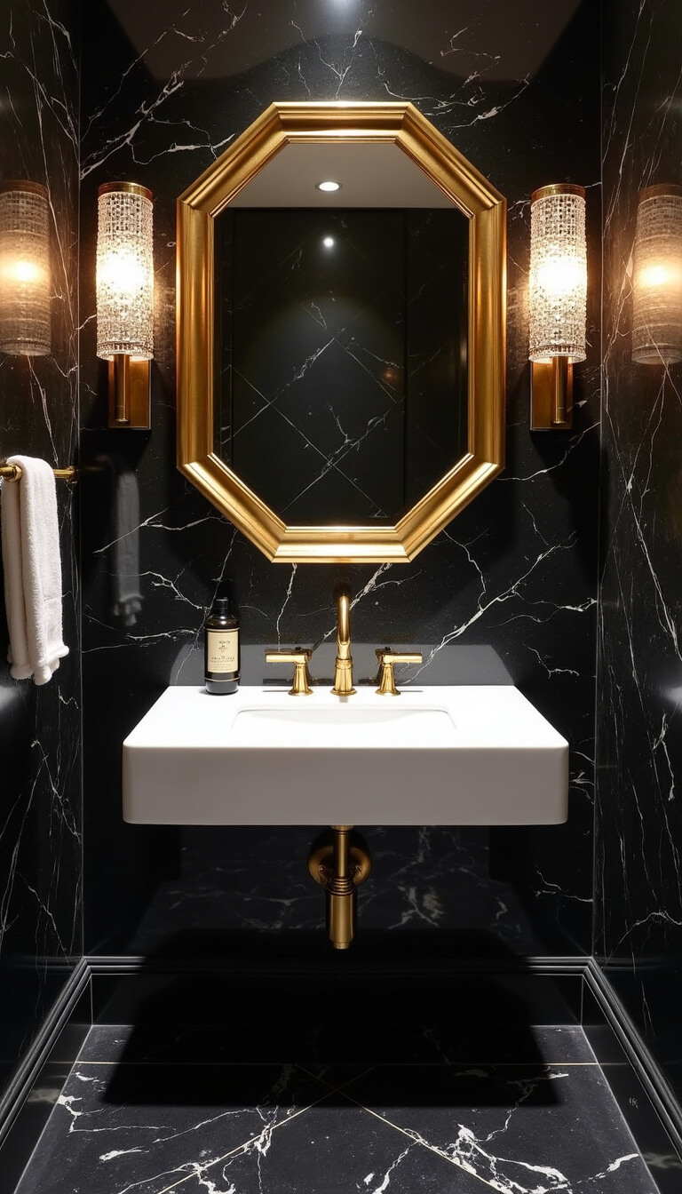 Luxurious powder room with black geometric marble floors, white lacquer floating vanity with brass hardware, gold octagonal mirror, and sparkling crystal lighting.