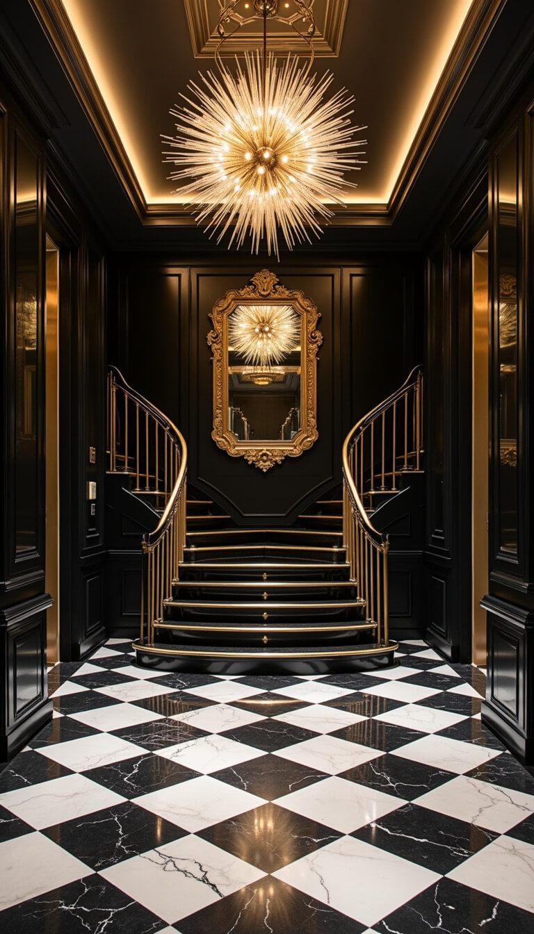 Art Deco foyer at midnight with 12ft ceiling, sunburst chandelier, black and white chevron marble floor, curved staircase with brass railing, and gilded mirror reflecting mood lighting.