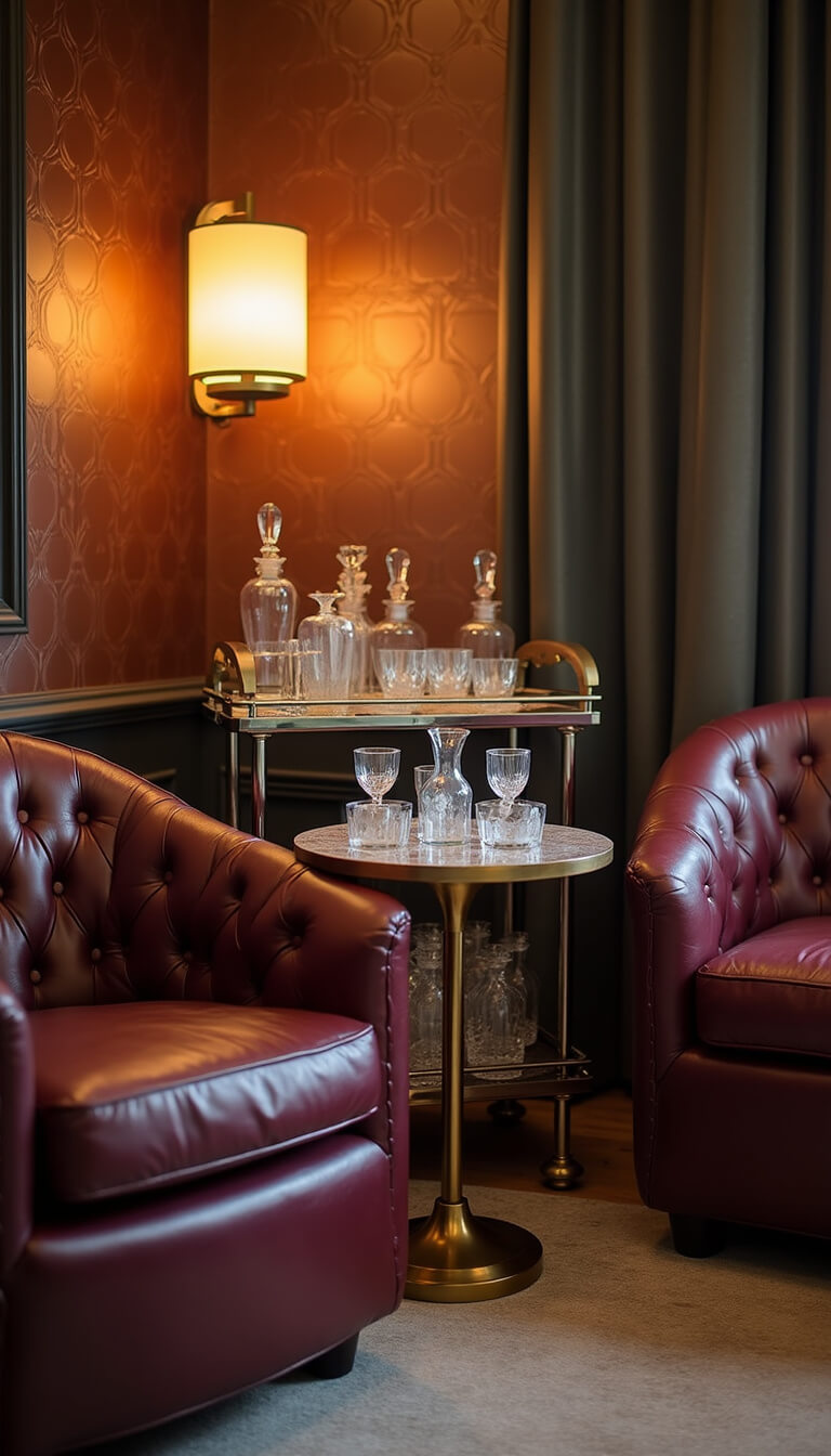 Stylish cocktail lounge corner with chrome bar cart, crystal decanters, and vintage glasses, flanked by burgundy leather club chairs against metallic copper geometric wallpaper.