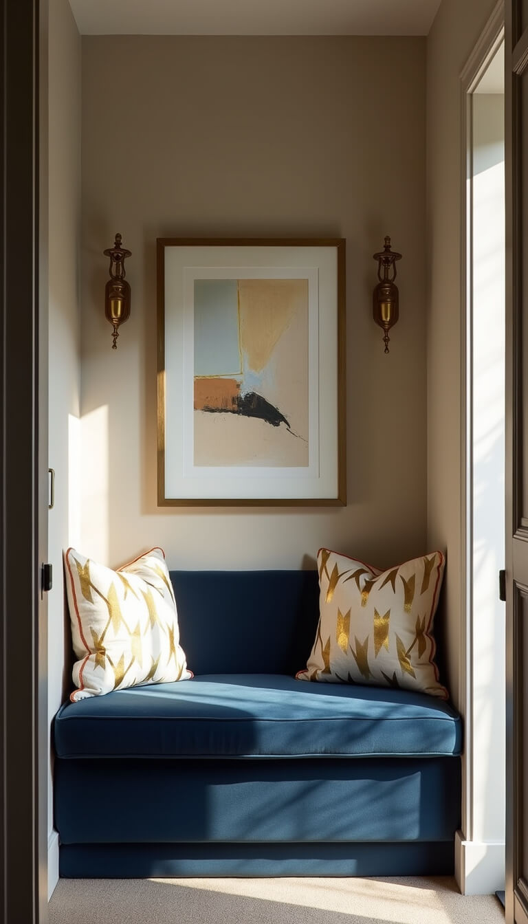 Cozy navy velvet reading nook with brass sconces, geometric cushions, and abstract art in metallic frames