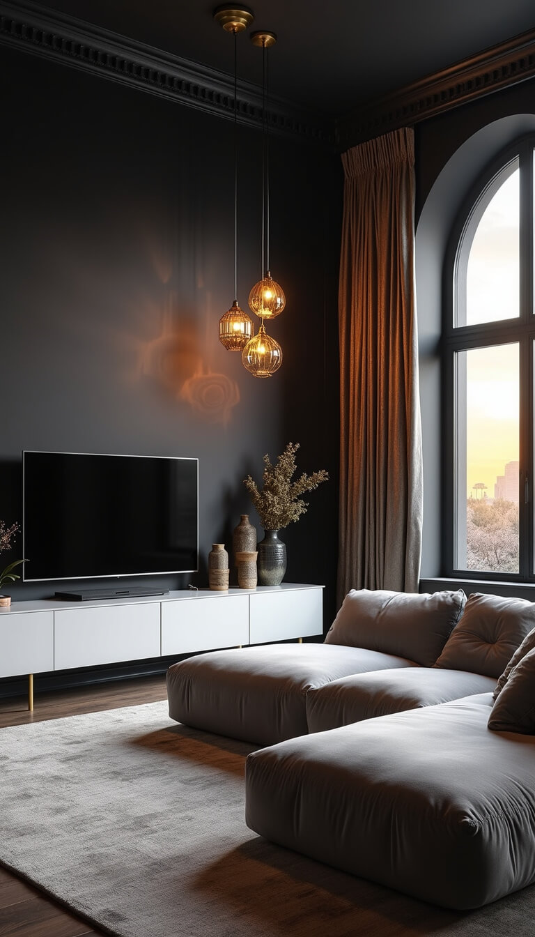 Entertainment room at sunset with black walls, platinum velvet sectional, white entertainment unit with brass accents, geometric pendant lights, and metallic silk curtains.