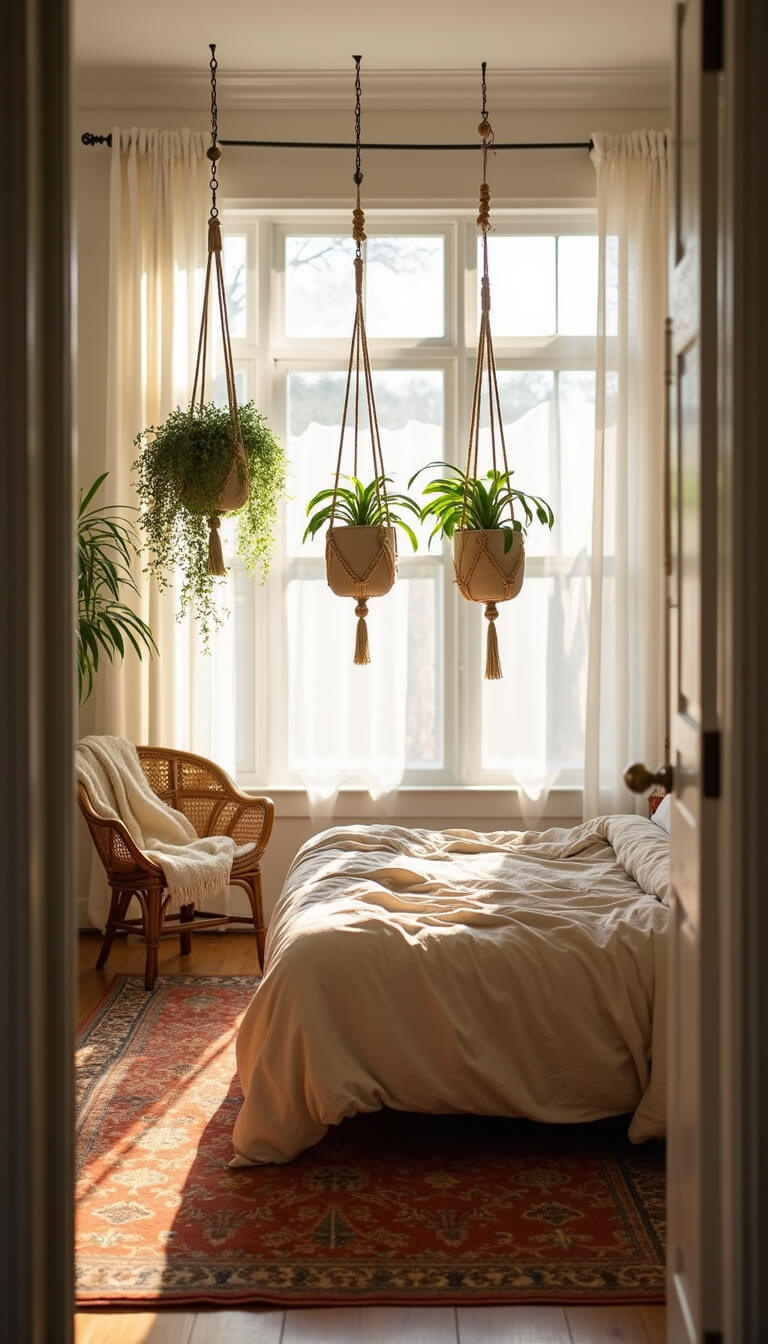 Sunlit bedroom with king-size platform bed, rumpled oatmeal linens, bay window with sheer curtains, hanging macramé planters, vintage Persian rug, and rattan chair with cream throw.