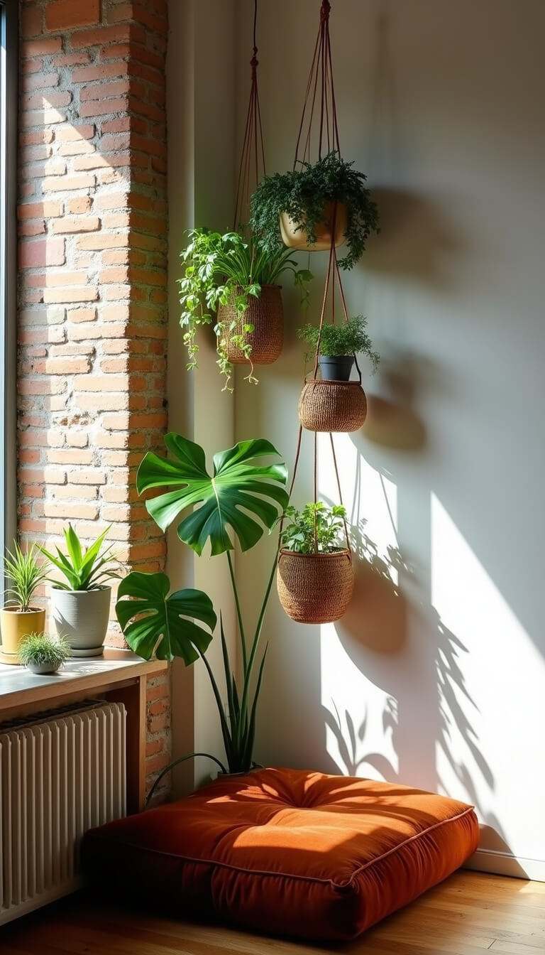 Cozy corner bedroom nook with exposed brick and plaster walls, featuring a floor-to-ceiling plant pole holding five varied planters, rust velvet floor cushion, and dramatic Monstera shadows in soft morning light.