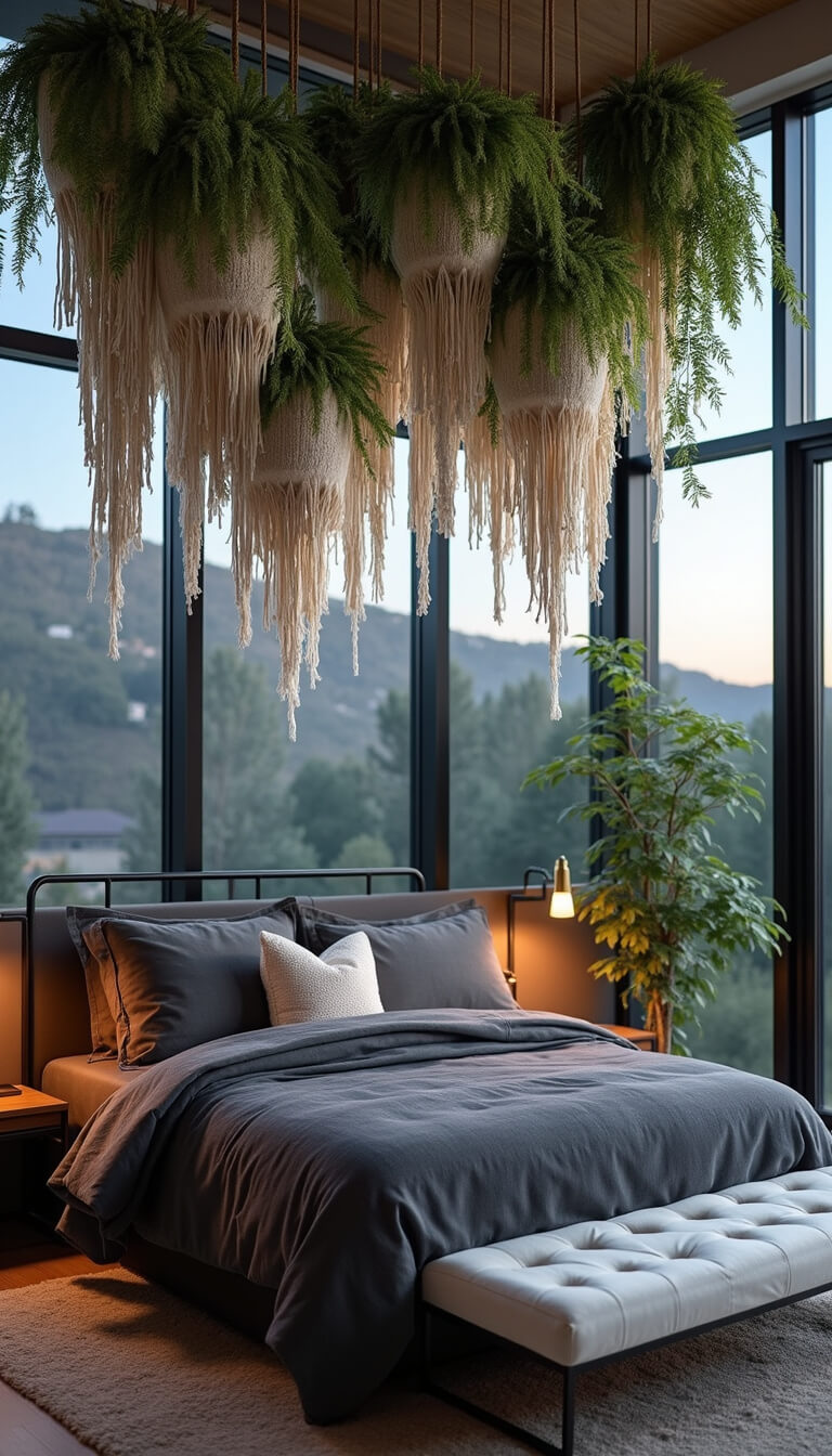 Modern twilight bedroom with floor-to-ceiling windows, ombré macramé hanging planters above California king bed, charcoal bedding, ivory bouclé bench, matte black bed frame, brass sconces, and lush ferns and philodendrons.