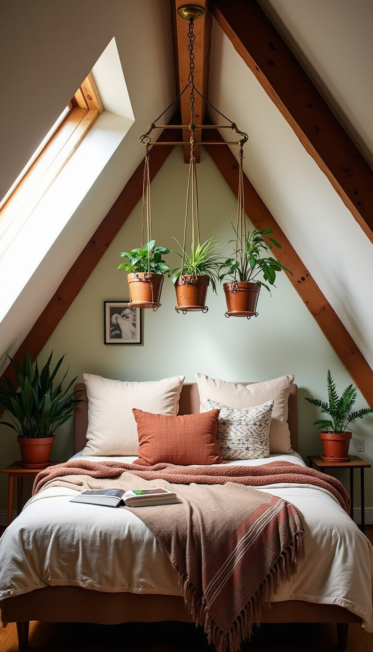 Cozy attic bedroom with slanted ceilings, queen bed in earth-toned textiles, vintage hanging planters on exposed wooden beams, and morning light streaming through skylight.