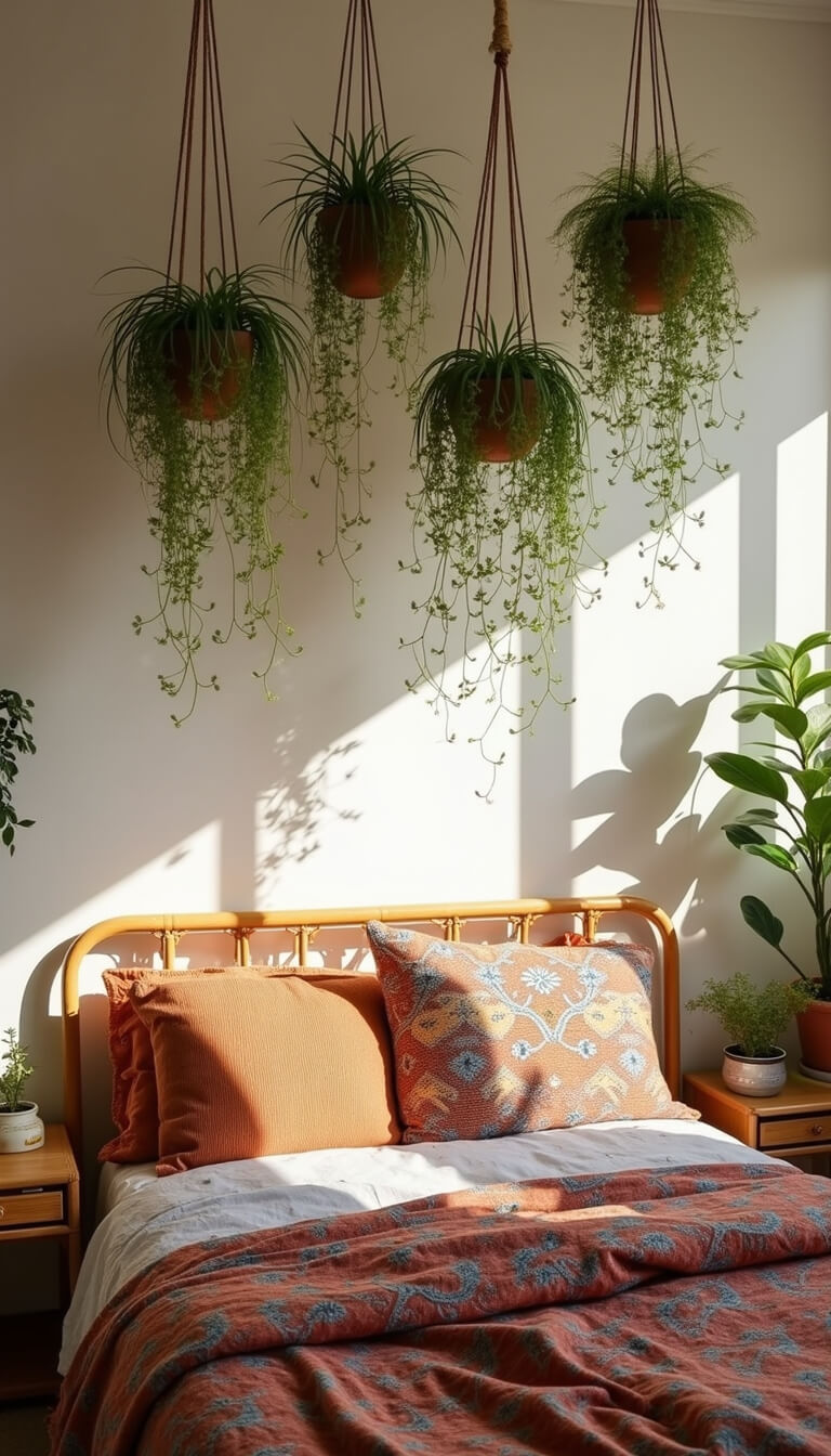 Bohemian studio bedroom with rattan bed and hanging plants dividing space, bathed in golden hour light.