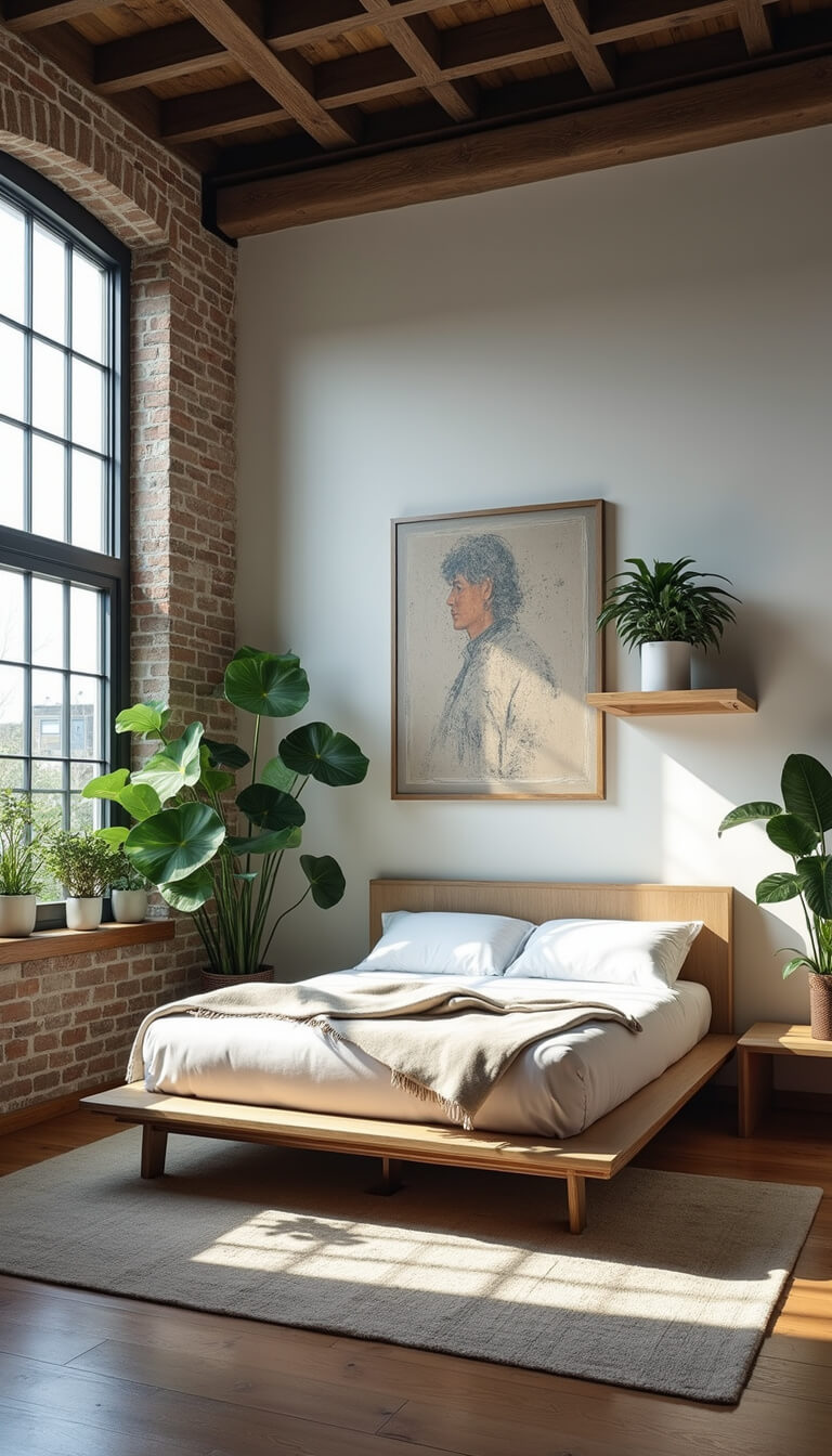 Contemporary loft bedroom with platform bed, floating plant shelves, large industrial windows at blue hour, and minimalist decor captured from mezzanine level.