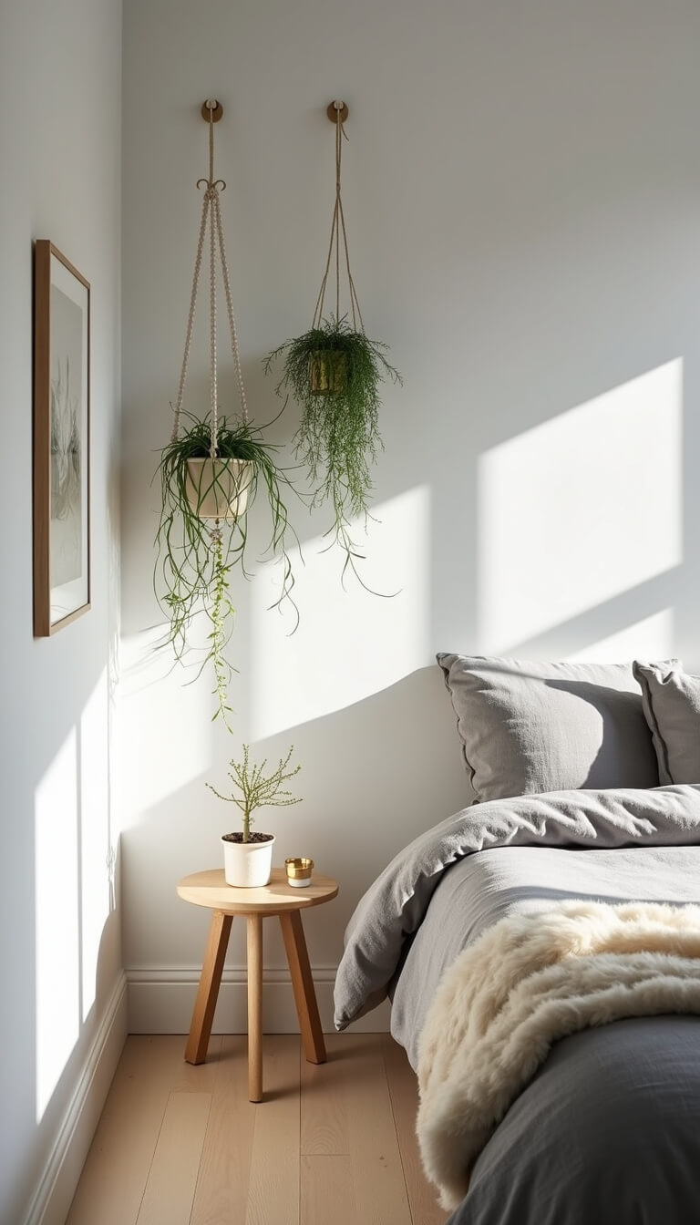 Scandinavian bedroom with pale wood floors, white-washed walls, grey linen bedding, sheepskin throws, and minimalist hanging plants in brass and white planters, softly lit by cool winter morning light.