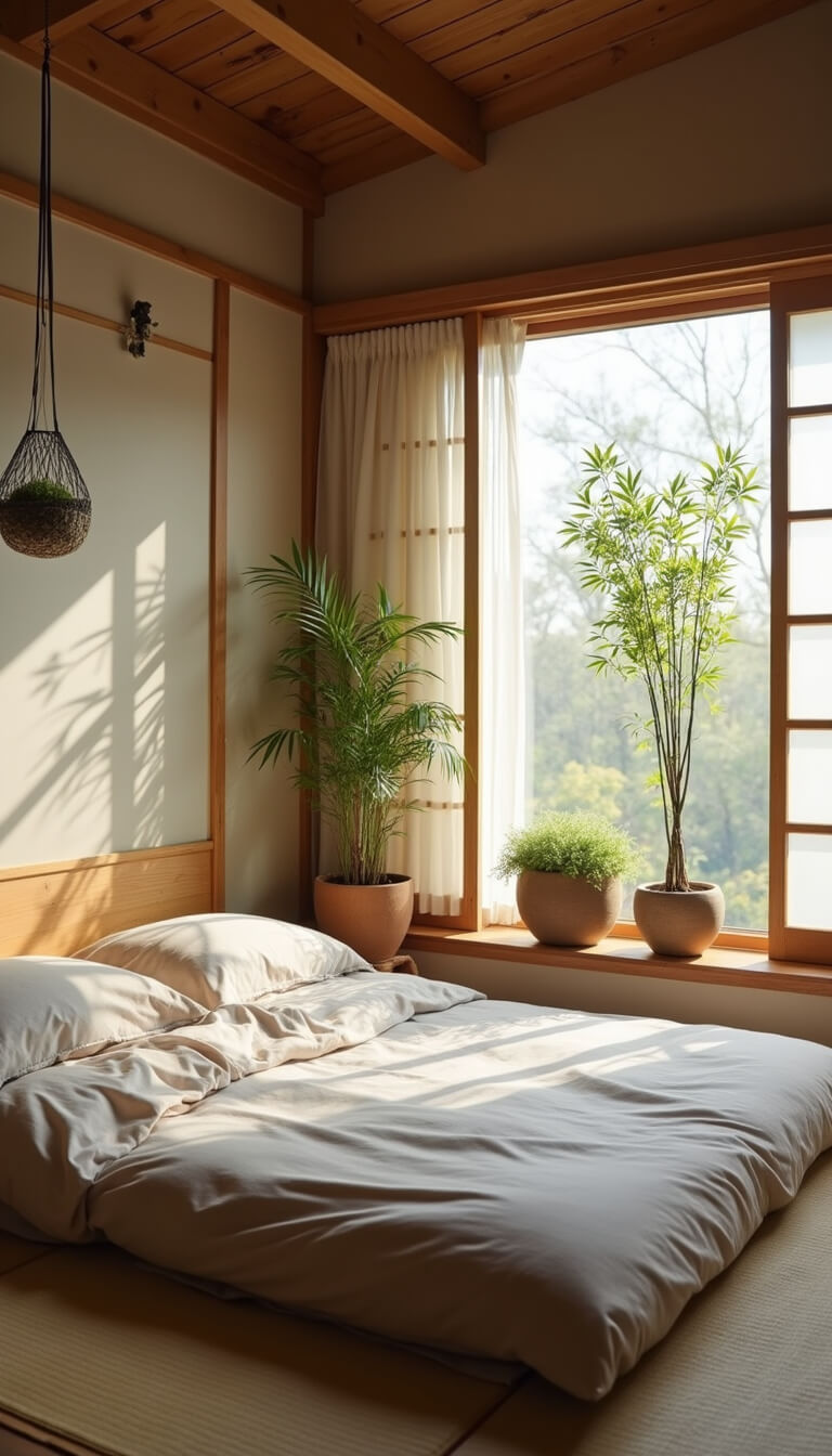 Japanese-style bedroom with tatami platform, neutral futon, kokedama string garden, shoji screens, and bamboo planters in soft morning light.