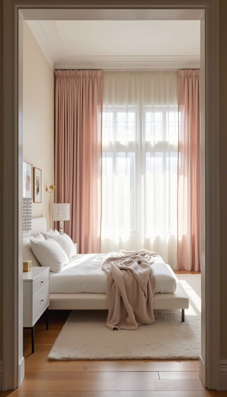 Sunlit contemporary 12x14 bedroom with blush pink silk curtains, white platform bed, brass sconces, minimalist nightstands, and light oak flooring.